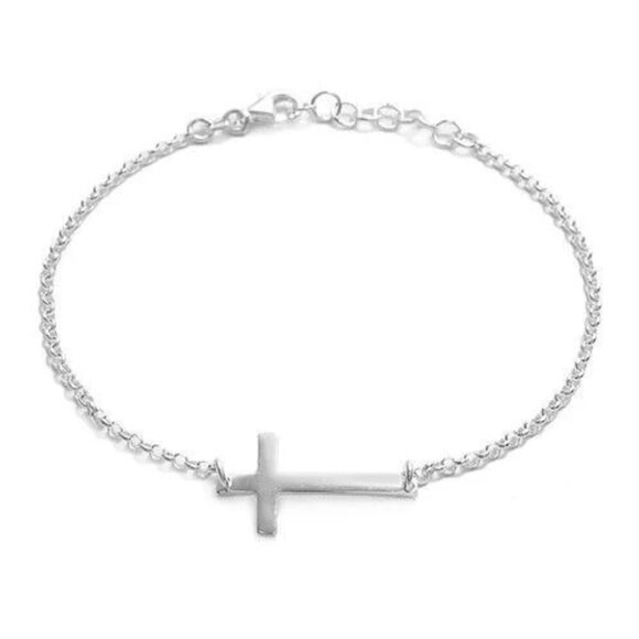 DAZZLING STERLING SILVER SIDEWAYS CROSS 8" BRACELET - Picture 1 of 2